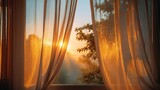 A 4K photo of sunrise Golden Light Through Sheer Curtains - Serene sunrise view through sheer curtains, symbolizing new beginnings, hope, tranquility, warmth, and peace.