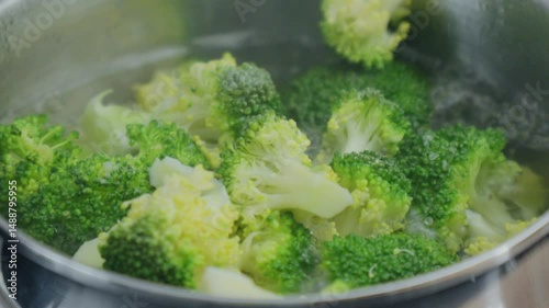 Broccoli cooking in boiling water on stovetop in a modern kitchen during the daytime