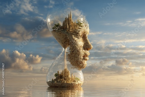 A surreal hourglass holding a city within a face.