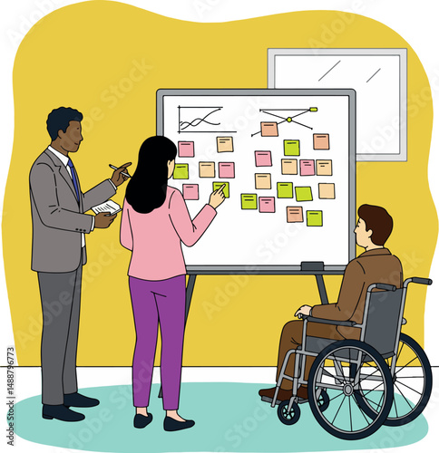 Vector illustration of business meeting and brainstorming with a team of diverse people