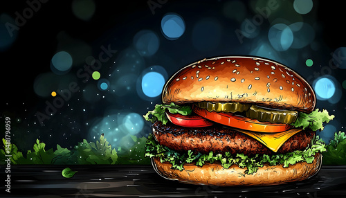 Delicious juicy burger with lettuce, tomato, cheese, and pickles in front of a blurred bokeh background