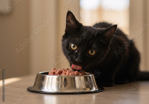 Black kitten eating wet food from a stainless steel bowl demonstrating pet nutrition and care concept at home. Focus on cute kitten eating during meal time indoors for animal lifestyle and domestic pe
