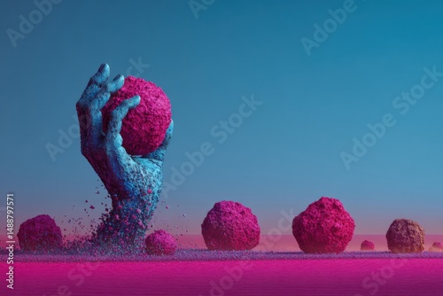 A vibrant digital rendering of a hand holding a sphere.