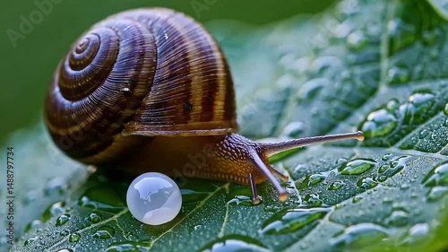 Macro view of a snail crawling on a textured leaf next to white pearls.