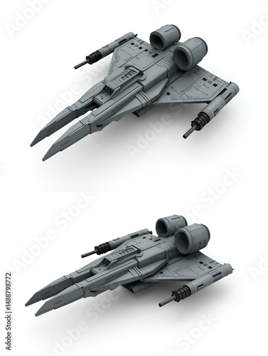 Futuristic gunship or very detailed flying military machine with heavy wepons. Set or collage of two angles. Isolated on transparent background. 3d render