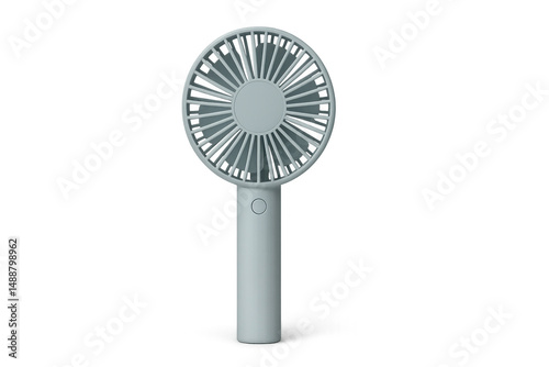 Compact blue electric fan generating cool airflow, levitating against transparent backdrop