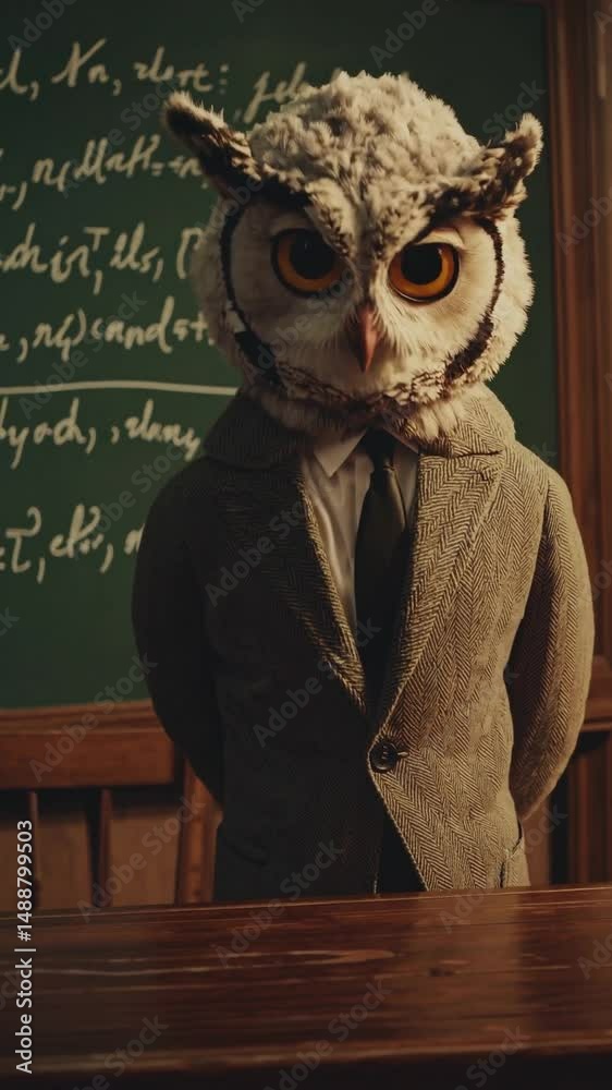 Chouette en costume rétro dans une salle de classe ancienne, ambiance académique et surréaliste

