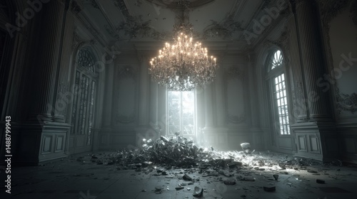 Grand hall with a magnificent chandelier amidst debris.