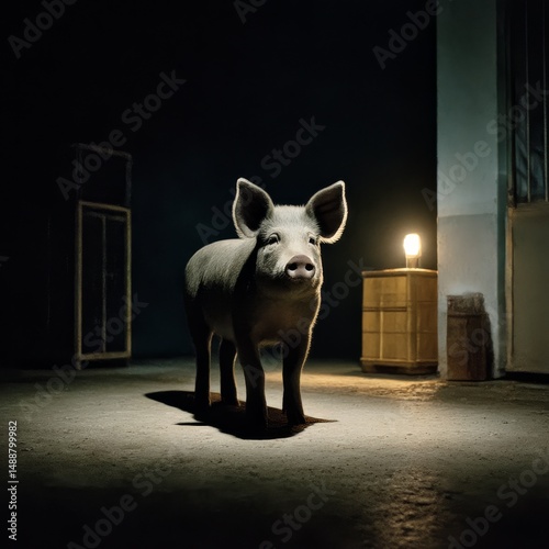 A Piglet in a Dark Room Stands Near a Light, Creating an Eerie and Captivating Scene