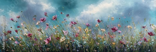Vibrant wildflowers sway gently in a summer breeze against a dreamy, teal sky. A picturesque scene of nature's beauty.