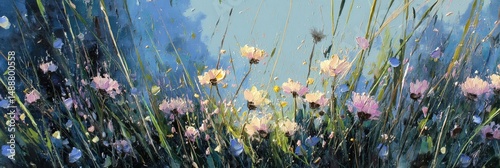 Vibrant wildflowers sway gently in a summer breeze, bathed in soft sunlight.