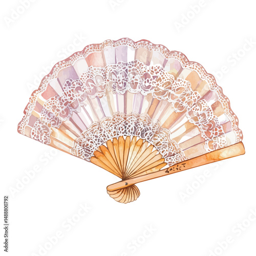 Vintage Lace Fan, watercolor clipart vector, high quality, isolated on a white background.