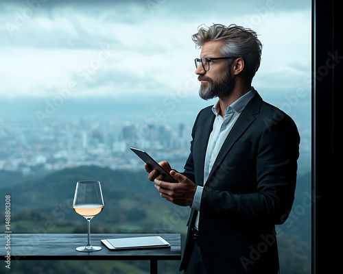 Urban Businessman, Wine, Tablet,  Panoramic View