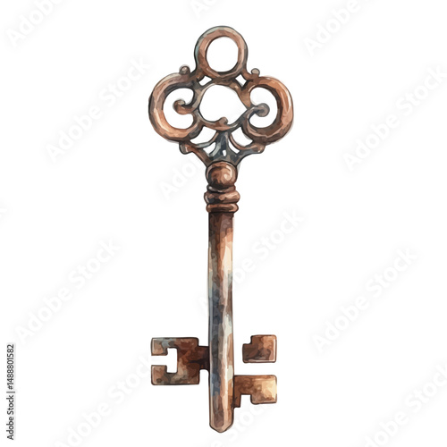 Vintage Keychain With Ornate Keys, watercolor vector, high quality, isolated on a white background.