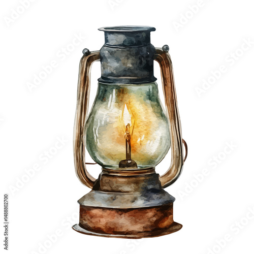 Vintage Kerosene Lamp With Chimney, watercolor painting vector, high quality, isolated on a white background.