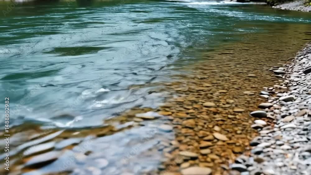 Gentle current flowing through clear water near a rocky riverbank with soft waves washing ashore in a serene landscape. Gentle current flowing through clear water near a rocky riverbank with soft waves washing ashore in a serene landscape.