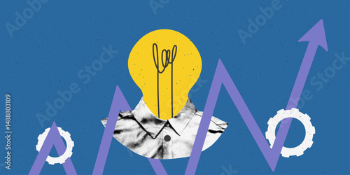 Trendy halftone collage banner template. Character with light bulb instead head, arrow up and gears. Idea, innovation, success concept. Modern retro mixed media design vector illustration