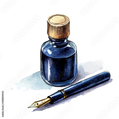 watercolor vector of Vintage Ink Bottle With A Fountain Pen, high quality, isolated on a white background.