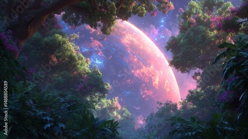 Colorful celestial body seen through lush forest canopy.