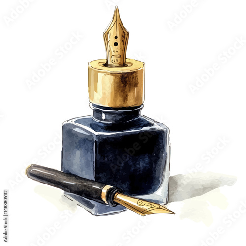 Vintage Ink Bottle With A Fountain Pen, watercolor painting vector, high quality, isolated on a white background.