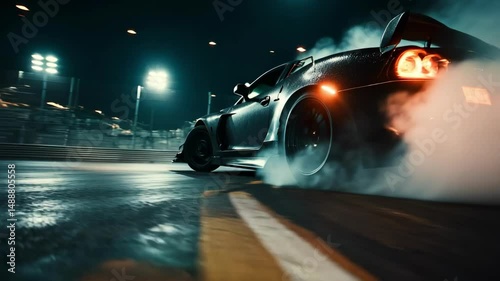 Dynamic nighttime race: highspeed drift in motion with smoky tire action