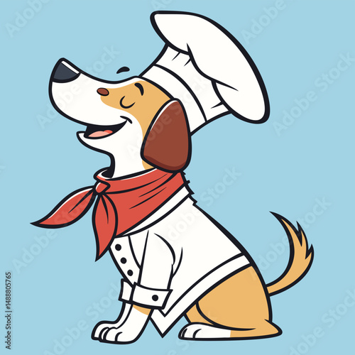 Adobe Illustrator Artwork A cheerful dog dressed as a chef, wearing a white hat and apron with a red scarf, set against a bright blue background Vector.