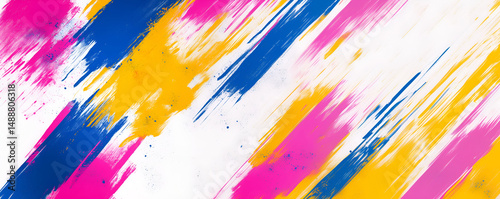 vibrant paint brush strokes in pink, blue and yellow on white background, dynamic abstract artistic texture