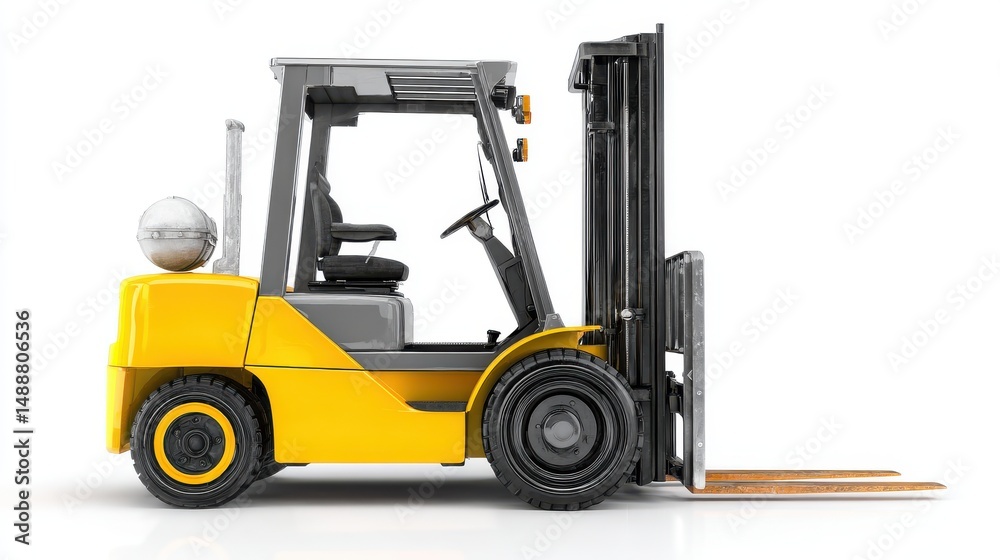 Fototapeta premium A 4K photo of yellow forklift on a clean white background, ideal for industrial themes.