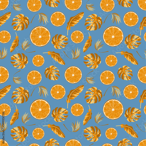 Tropical seamless pattern with oranges and tropical leaves. Background with repeating fruits. Vector bright print for fabric or wallpaper.