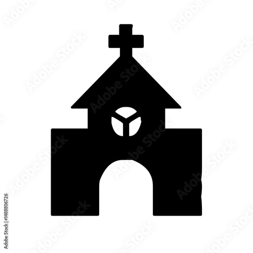 Silhouette of a church building with cross and arched entrance. 