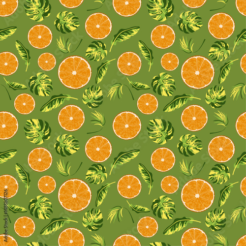 Tropical seamless pattern with oranges and tropical leaves. Background with repeating fruits. Vector bright print for fabric or wallpaper.