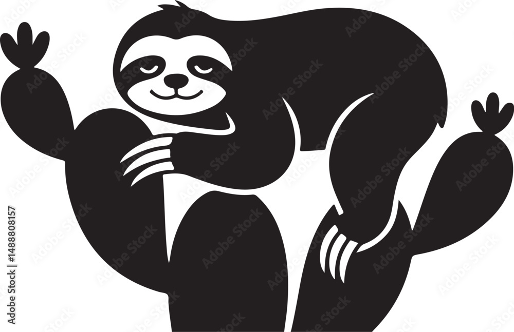 Fototapeta premium Cute Sloth Relaxing on a Cactus Silhouette