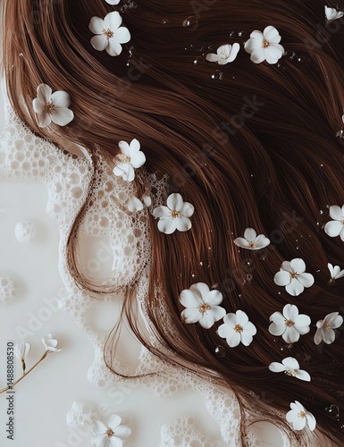photograph of brown hair with white flowers, floating in foam on the side, on a clean and bright white background