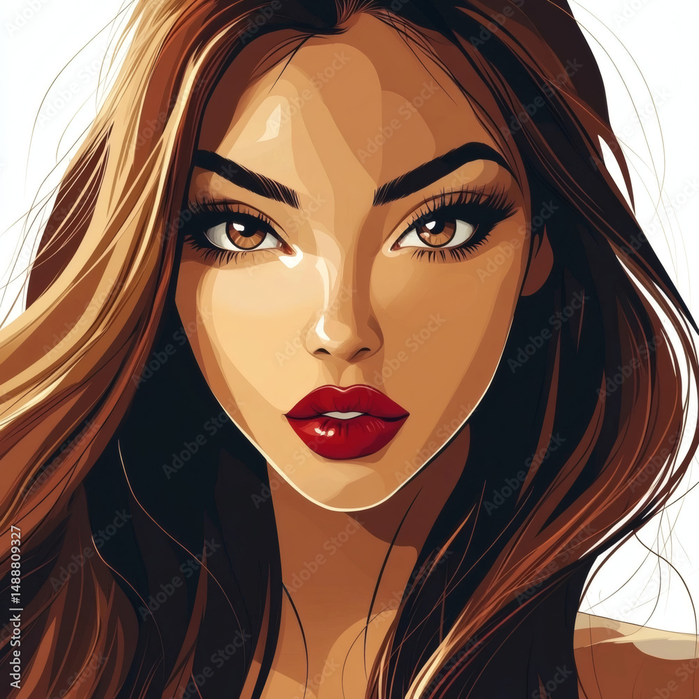 Stylized Portrait of a Woman with Bold Makeup and Flowing Hair - Glamour Art Stylized Portrait of a Woman with Bold Makeup and Flowing Hair - Glamour Art