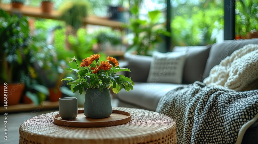 Fototapeta premium Cozy living room with plants and flowers