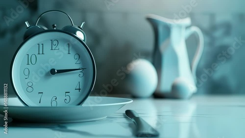 Alarm clock on a plate with cutlery, conceptual time to eat image