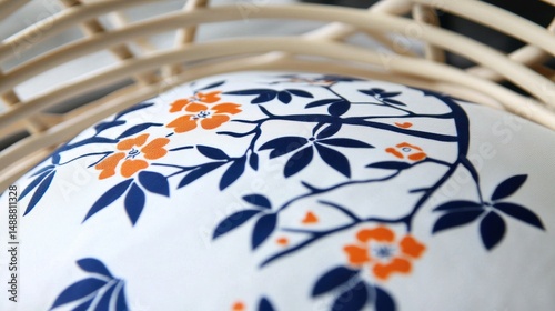 A white pillow with blue flowers and orange leaves.