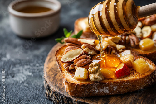 Thin streams of honey flow from a wooden spoon onto hot toast with nuts and fruits