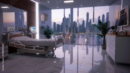 Modern hospital room overlooking dubai marina at dusk