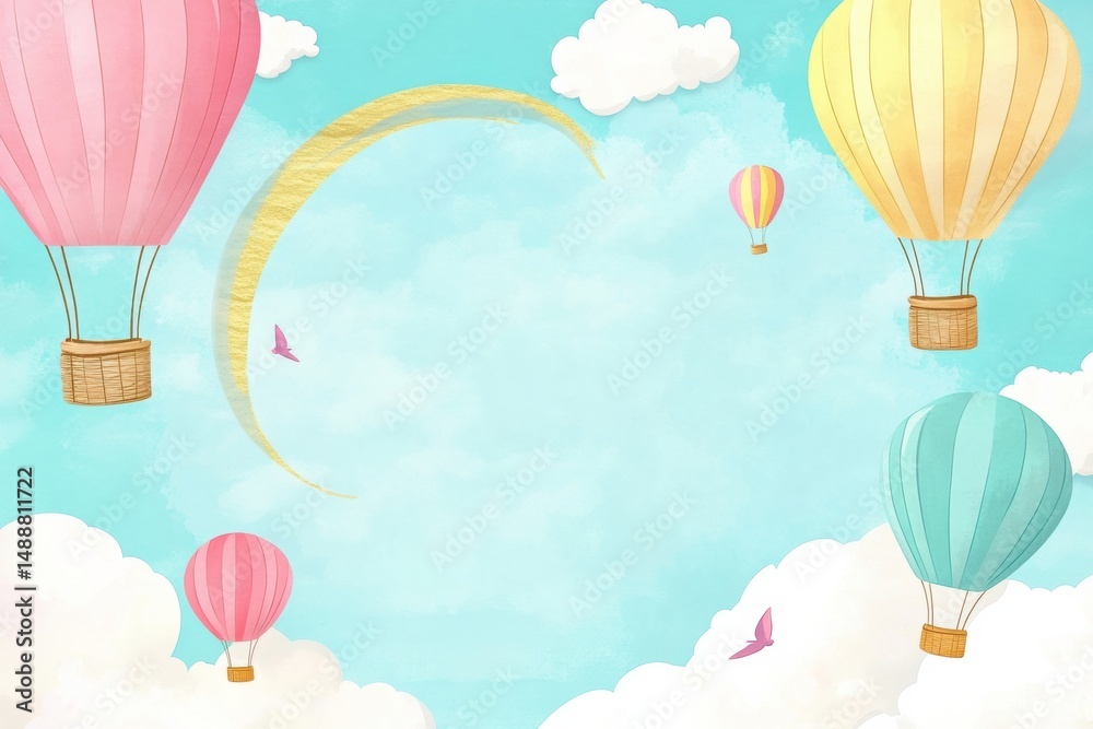 Naklejka premium Colorful hot air balloons floating in a peaceful sky background with soft clouds and golden spiral for preschool activities