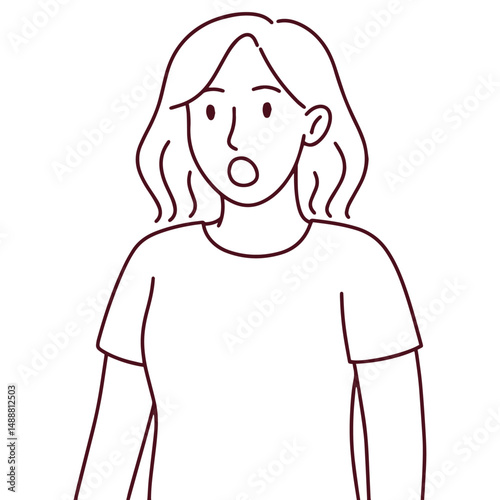 Black and white outline of a surprised woman with open mouth and wide eyes, expressing a shocked reaction. Ideal for minimalistic concepts or line-based illustration needs