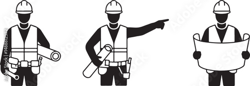Construction Worker Icon Set Blueprint, Direction, and Pipe