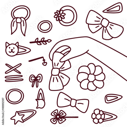 Black and white line art set of hair accessories including bows, clips, and ties, arranged for beauty styling, fashion and decoration concepts