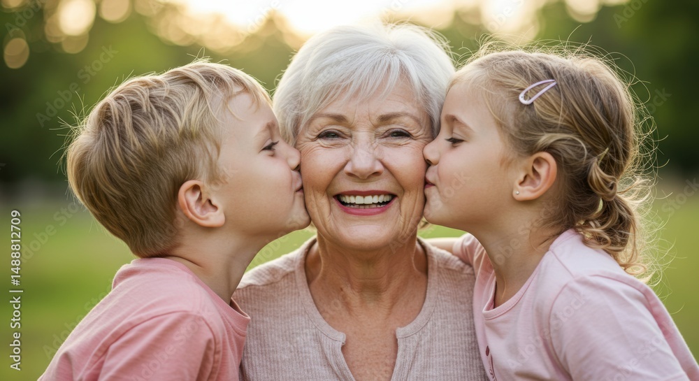 Fototapeta premium Grandmother's Love: A Shower of Kisses from Her Grandchildren