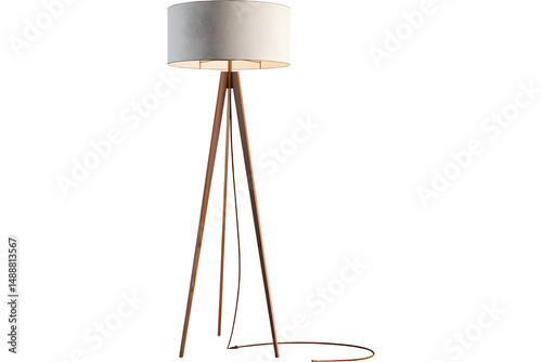 A floor lamp with a white lampshade and a wooden tripod base stands in a dark background studio photo