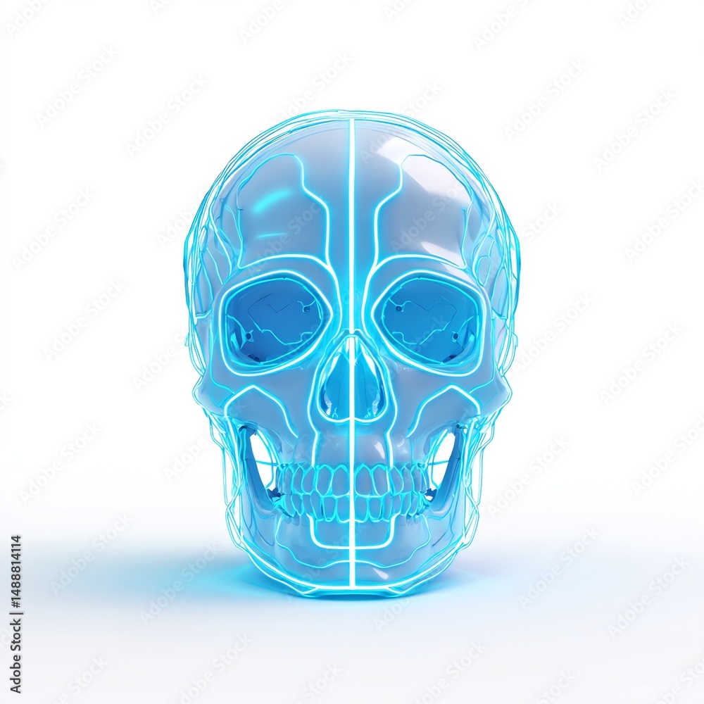 Obraz premium Futuristic skull with glowing wires, subject on a solid pure white background, Dark Outlined, no shadows, no texture