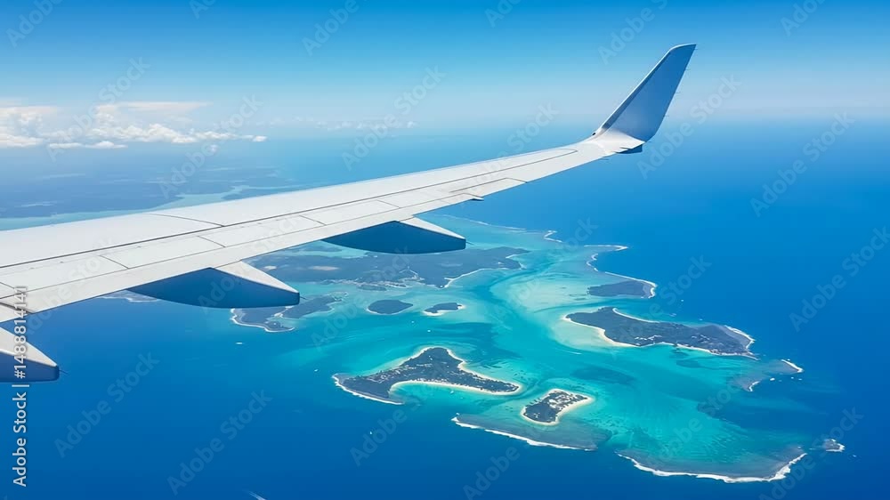 Flying Over Tropical Islands with Plane Wing in View Aerial Shot Flying Over Tropical Islands with Plane Wing in View Aerial Shot