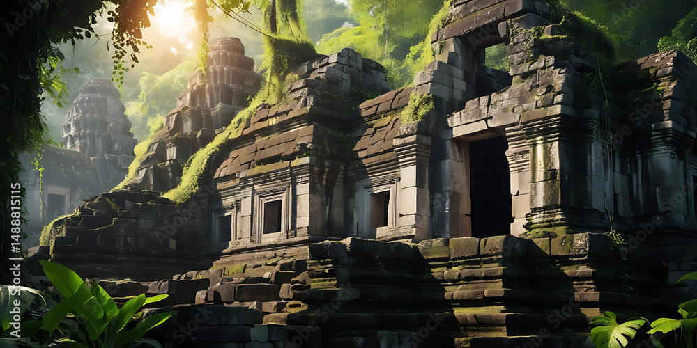 Obraz premium Sunlit Ancient Ruins Hidden Among Vibrant Green Foliage