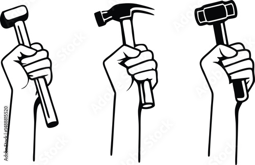 Hand Holding Hammer Art One Line Silhouette Vector ,hand holding hammer