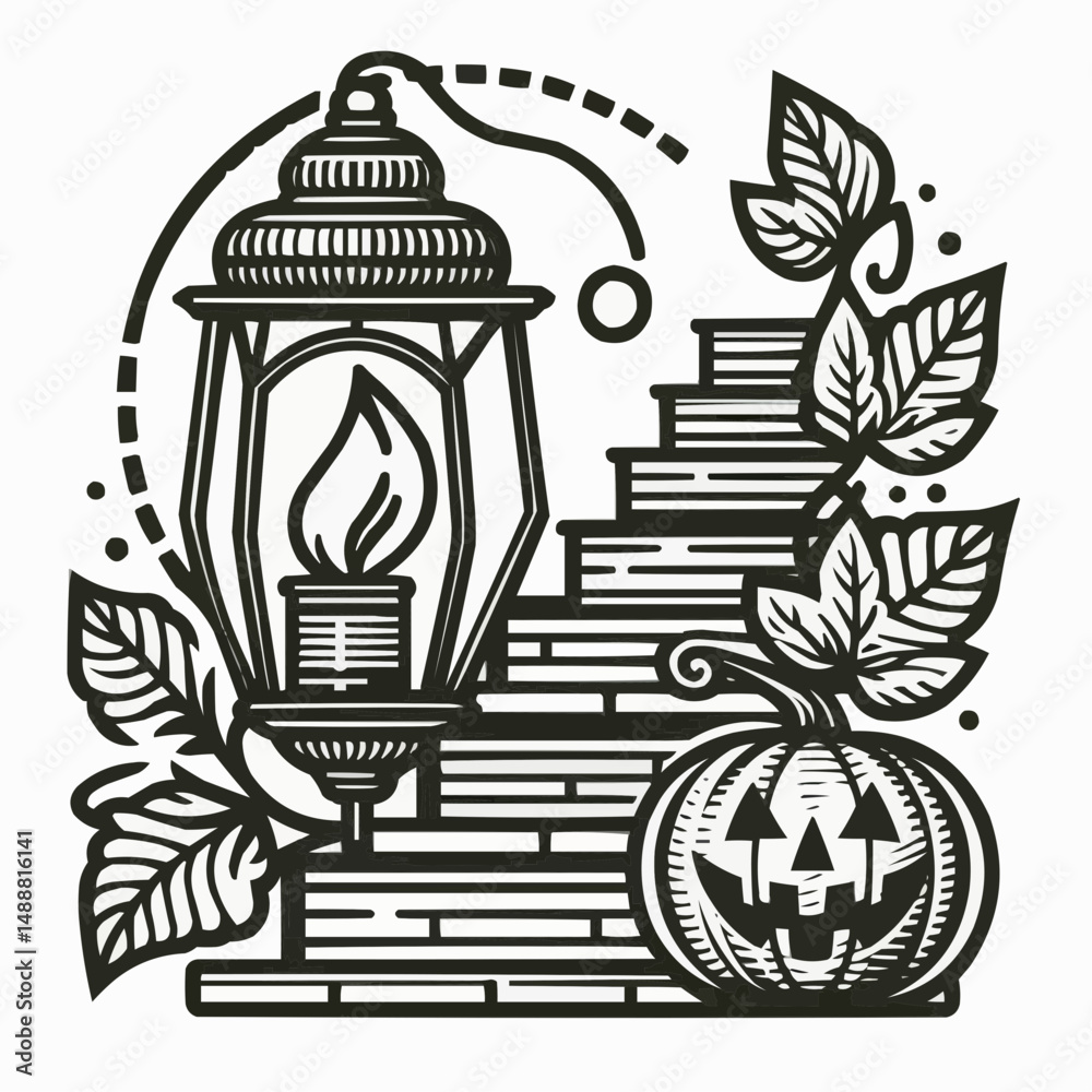 Naklejka premium Vintage lantern with a jack-o'-lantern and autumn leaves in an illustrative style